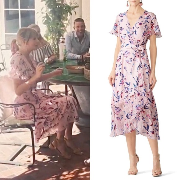 TANYA TAYLOR Silk Floral Wrap Short Sleeve Ruffle Taylor Swift Midi Dress 10 - Picture 1 of 16